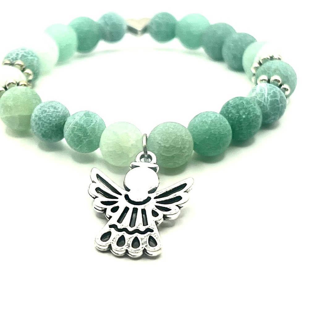 Green Beaded Bracelet with Silver Angel Charm